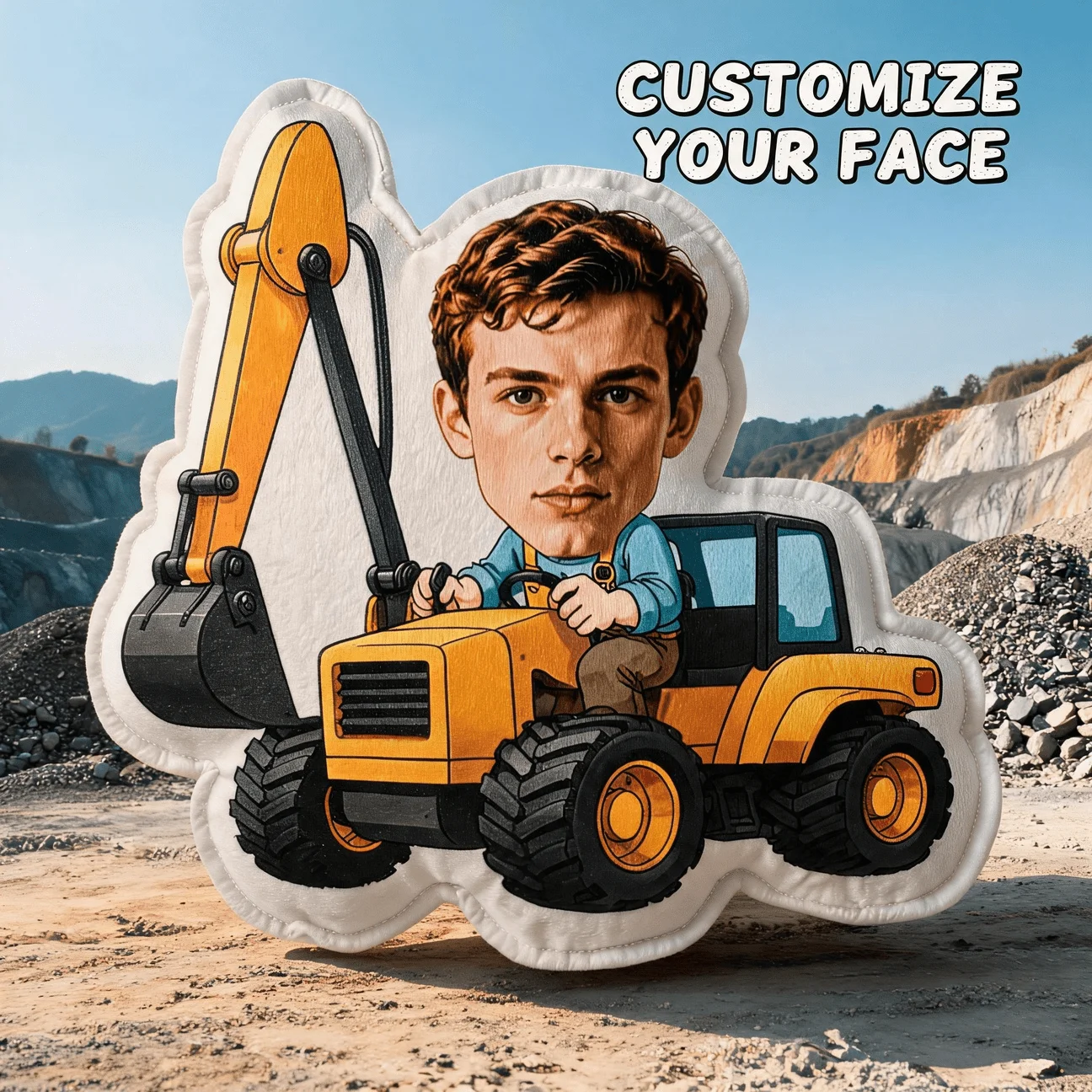 Custom Face Excavator Shaped Pillow, Personalized Photo Decorative Cushion with Construction Vehicle Design, Unique Home Decor A