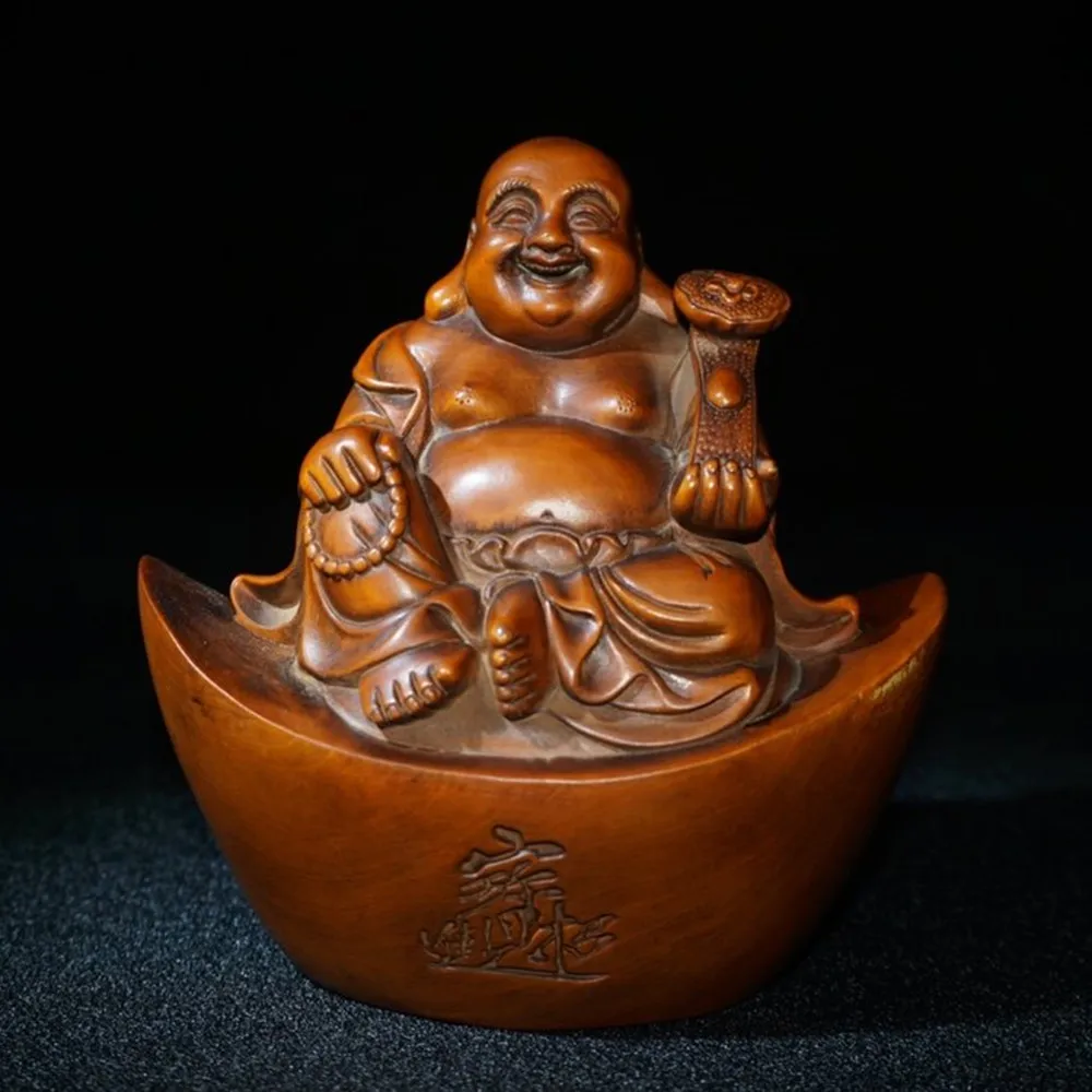 Chinese Solid Wood Laughing Buddha Maitreya Buddha Statue Sculpture Handmade Wood Carving Buddhist Yuanbao Buddha Statue Home De