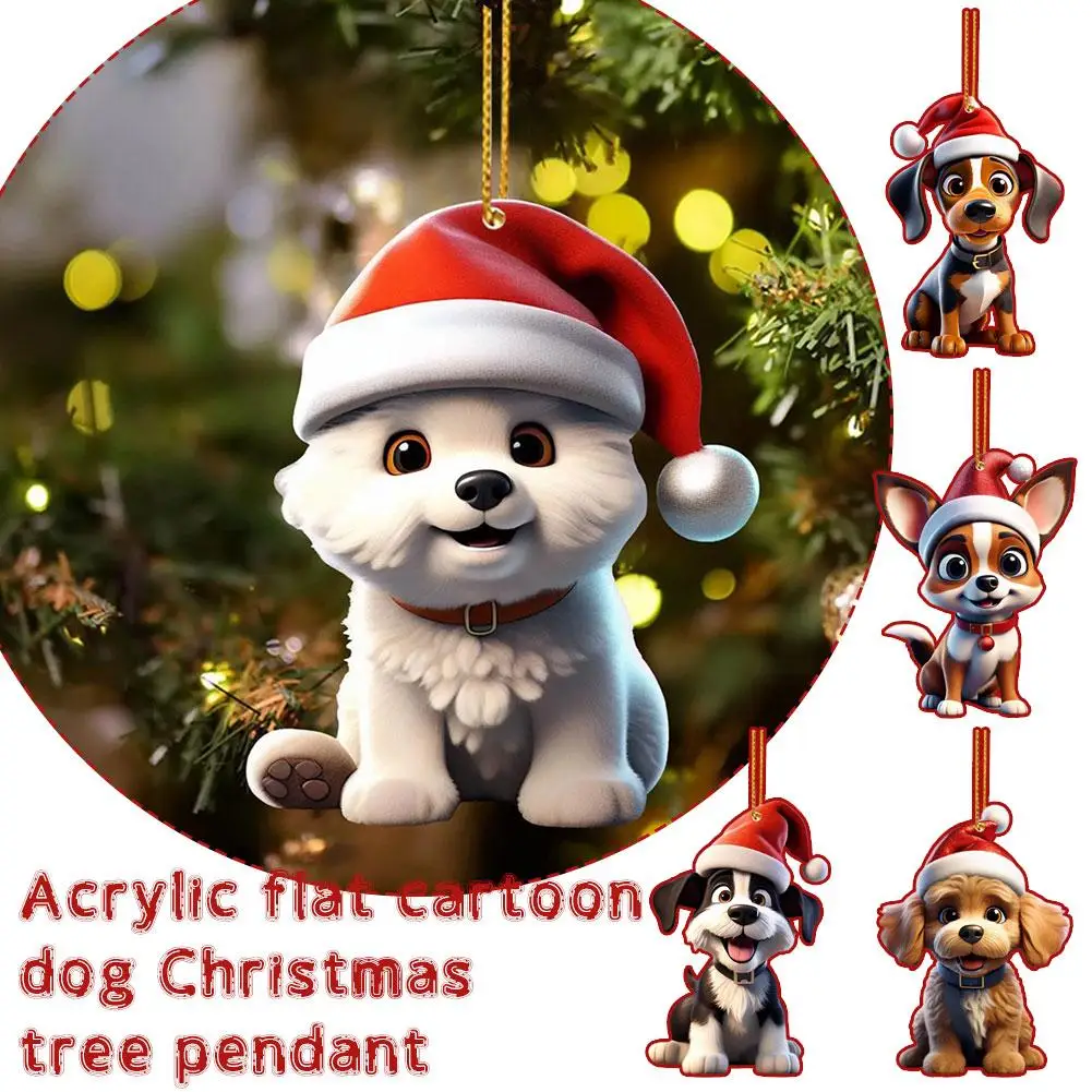 2D Acrylic Cartoon Dog Christmas Tree Pendant Christmas Garland Bead Print 2D With Cartoon Lights Christmas Cute DogDouble S0M3