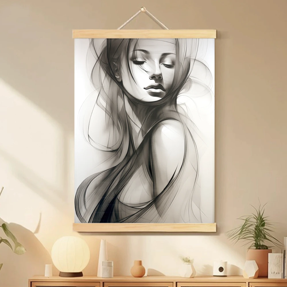 1pcs 2D Flat Abstract Woman Face Scroll Hanging Canvas Poste