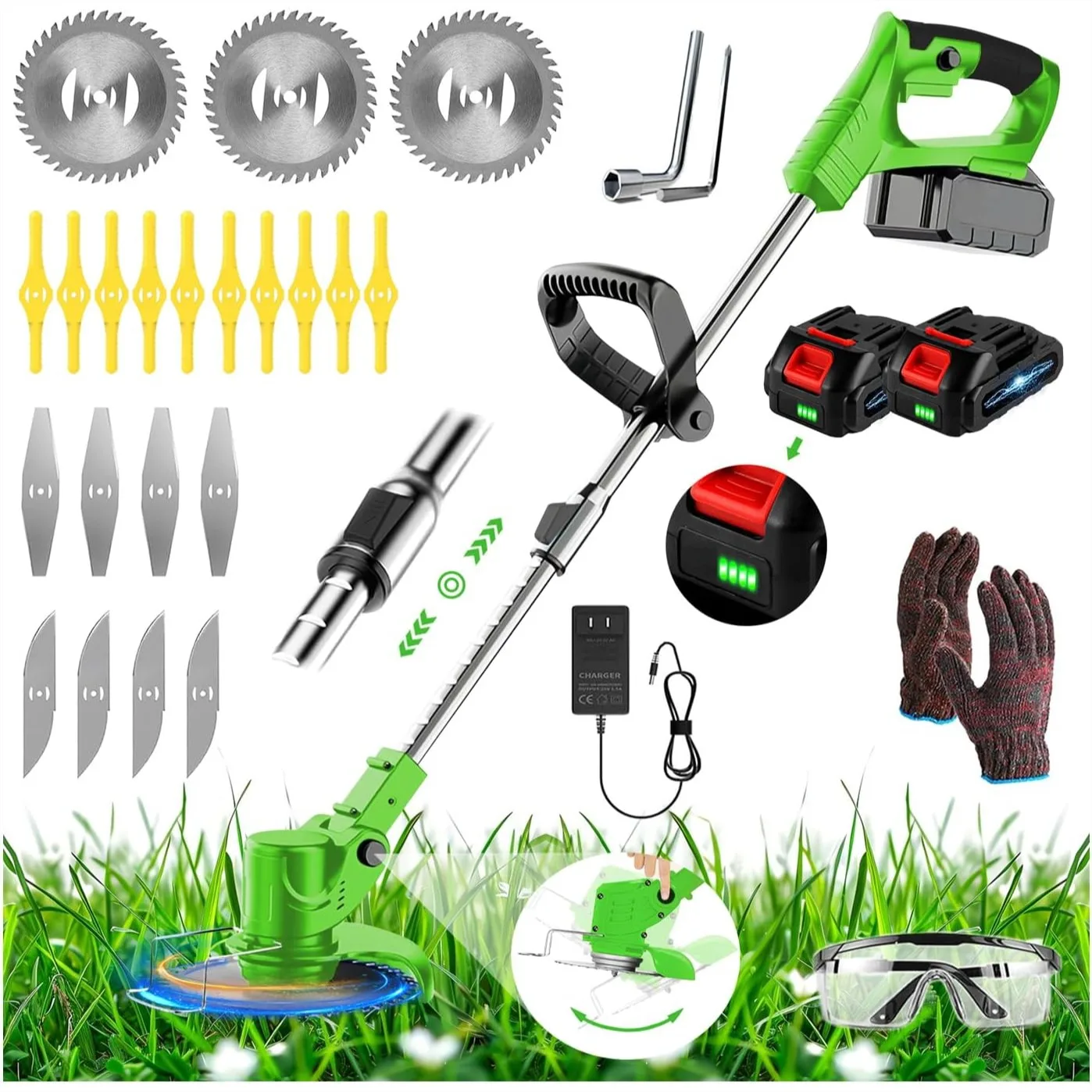 

21V Cordless Weed Wacker Lightweight Grass Trimmer with 4 Blades & 2x2000mAh Batteries Fast Charger for Garden Lawn