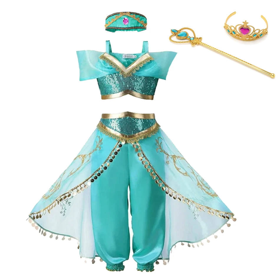 Disney Jasmine Costume for Girls Arabian Princess Magic Lamp Dress Up Clothes Kid Halloween Birthday Party Fancy Cosplay Outfits