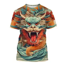 Chiński smok fajna bluza Harajuku z nadrukiem rysunki męski i damski okrągły dekolt z krótkim rękawem moda na co dzień Street Hip Hop t-shirt