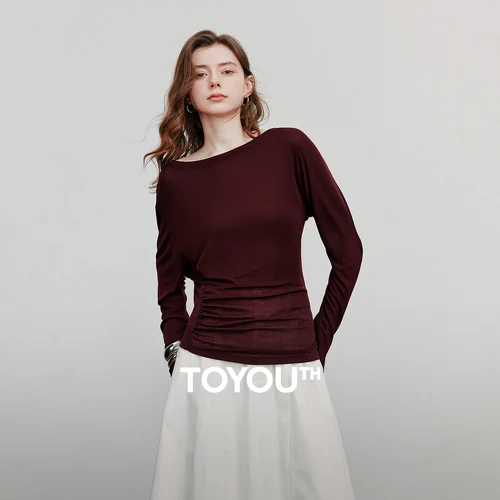 TOYOUTH-Camiseta de manga larga para mujer, Jersey ajustado de lana plisada Irregular, Tops, otoño 2025