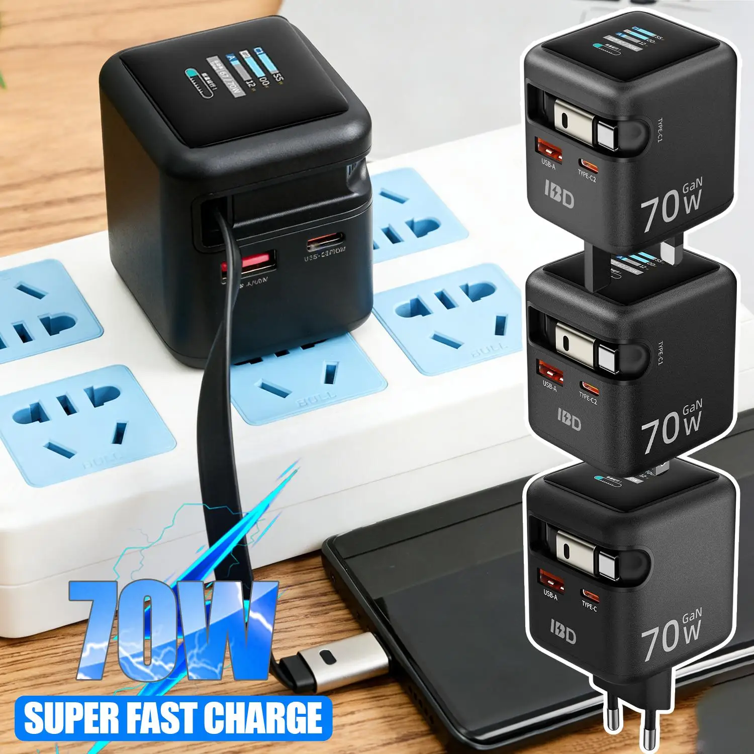 

Зарядные устройства USB Type C мощностью 70 Вт с телескопическим кабелем для передачи данных для iPhone iPad Samsung, планшета, ноутбука, универсальный адаптер с цифровым дисплеем