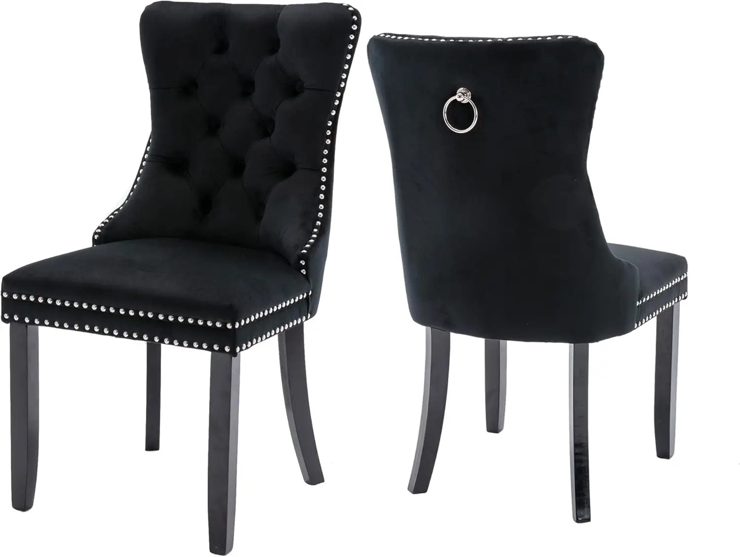 NEW Tufted Set of 2 Black Dining Chairs with Nailhead Back and Ring Pull Trim, Velvet Upholstered Dining Chairs