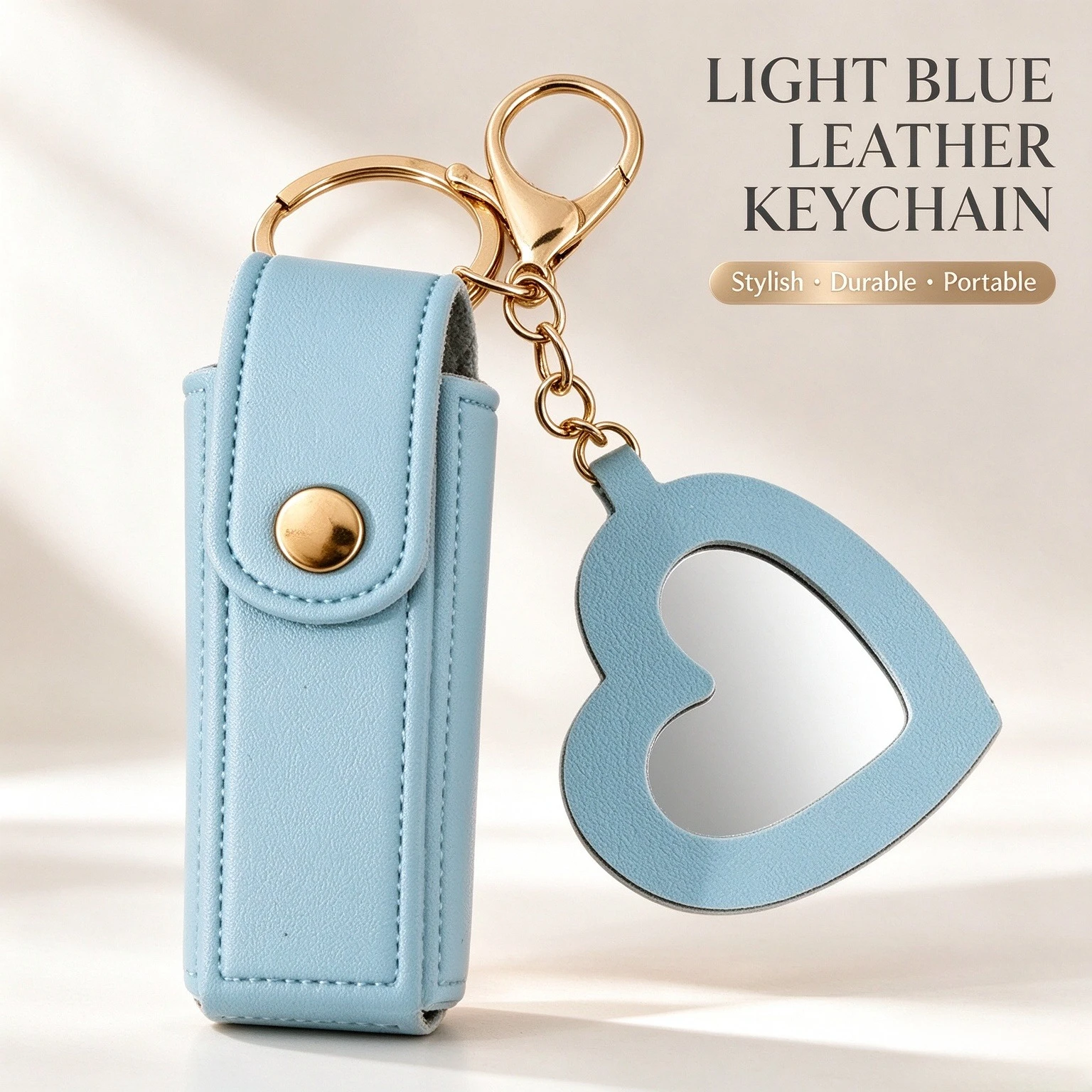 Lipstick Holder Keychain with Heart Makeup Mirror Portable Bag Charm Key Ring Pendant Women Daily Cosmetic Storage Accessory