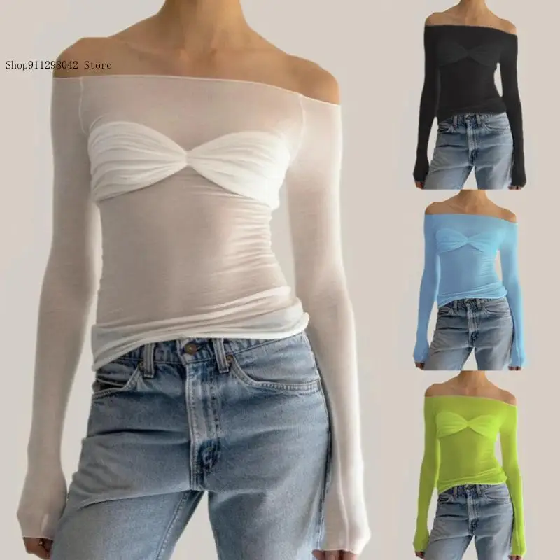 Spring and Summer Casual Commuting Pure Color Light and Thin Perspective One Necked Long Sleeved T-Shirt Tops for Women