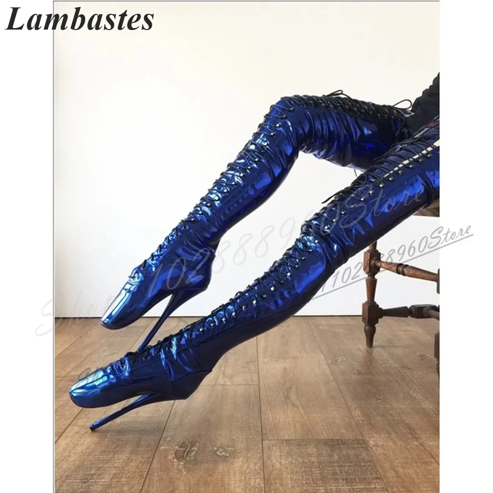 الفخذ العليا الأزرق براءات الاختراع والجلود الأحذية الفاخرة رقيقة أحذية عالية الكعب للنساء عبر تعادل جولة تو 2024 موضة Zapatillas Mujer