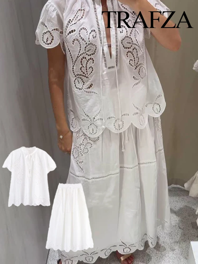 

TRAFZA Women Embroidery Skirt Suit Lace-up Round Collar Short Sleeve Top+Summer Fashion Elastic Waist Hollow Solid Long Skirt