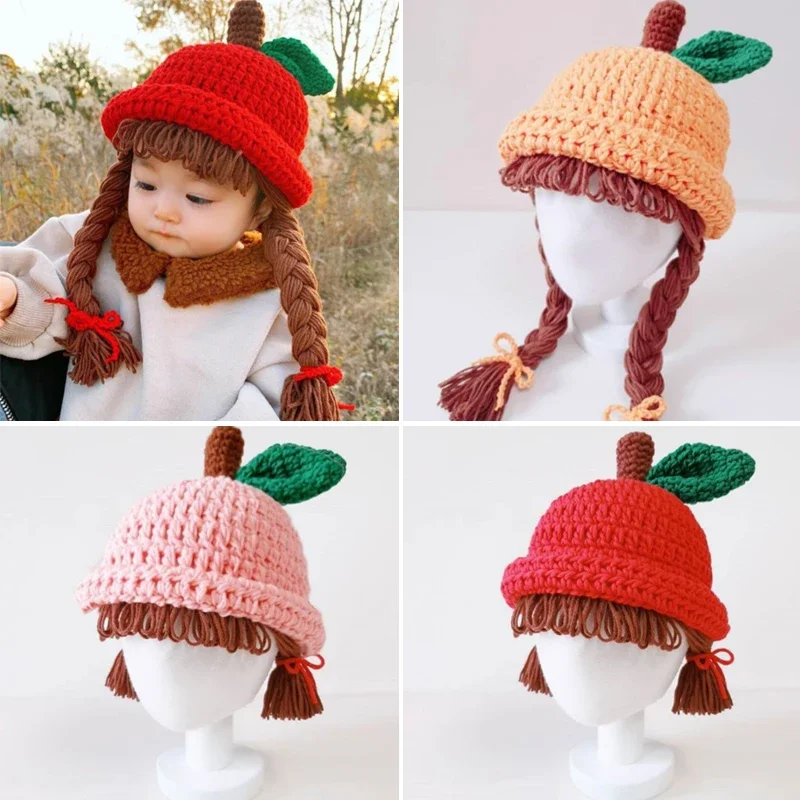 Gorro de punto para bebé y niño, peluca hecha a mano con diseño de manzana, gorros de lana, accesorios para fotos, tocado de 1 a 5 años