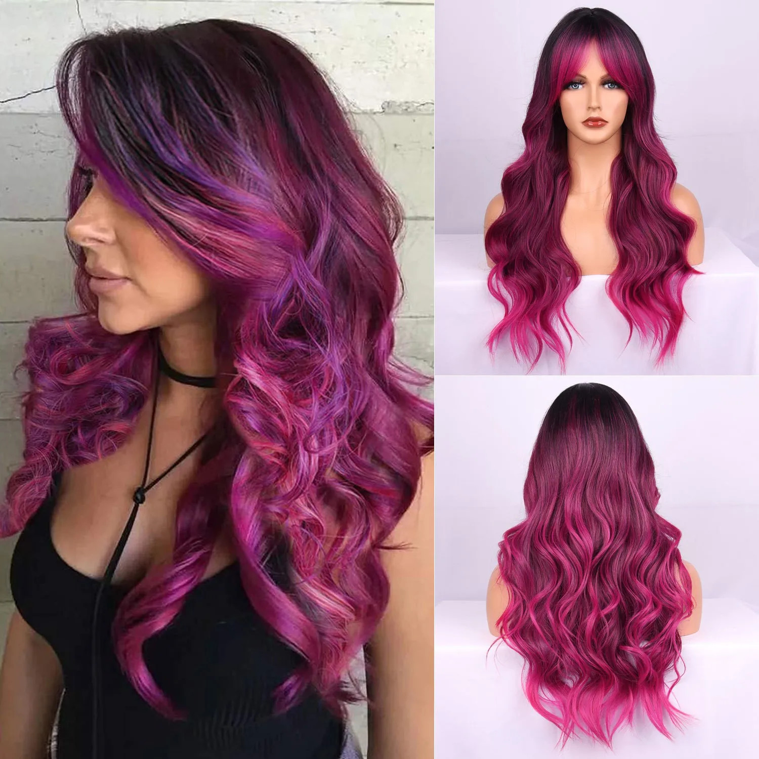 

European and American women, long wavy curly hair, raspberry color, eight-character bangs, wig, headgear.