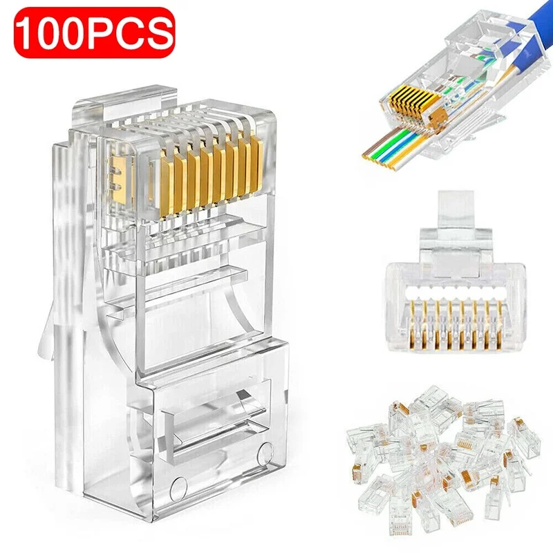 100Pcs RJ45 Crystal Head Connectors Cat5 Cat6 Pass Through Crimp Modular Plug For UTP Standard Ethernet Connector Network Plug
