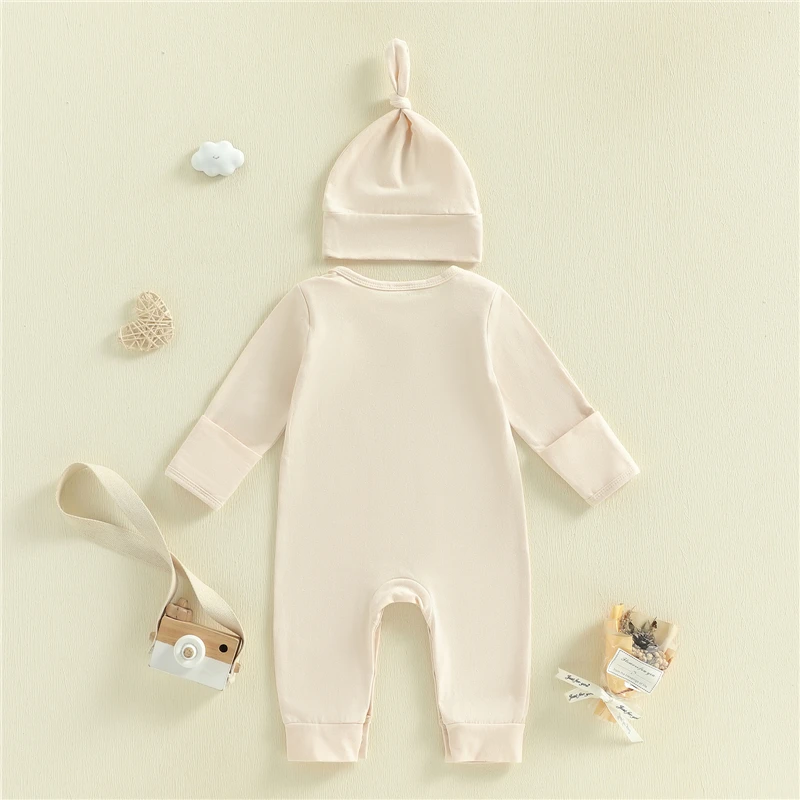 Newborn Baby Fashion Clothes Baby Girl Boys Western Outfits Letter Print Crew Neck Long Sleeve Romper and Cap 2 Pcs Set