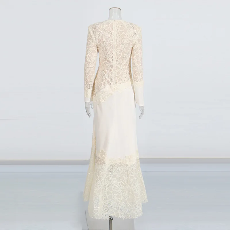 Weißes Spitzen-Meerjungfrauenkleid mit Langen Ärmeln, O-Ausschnitt, Figurbetontes Maxikleid, Elegantes Damenkleid für Hochzeit, Party, Formelle Anlässe und Abschlussball – Detail 10