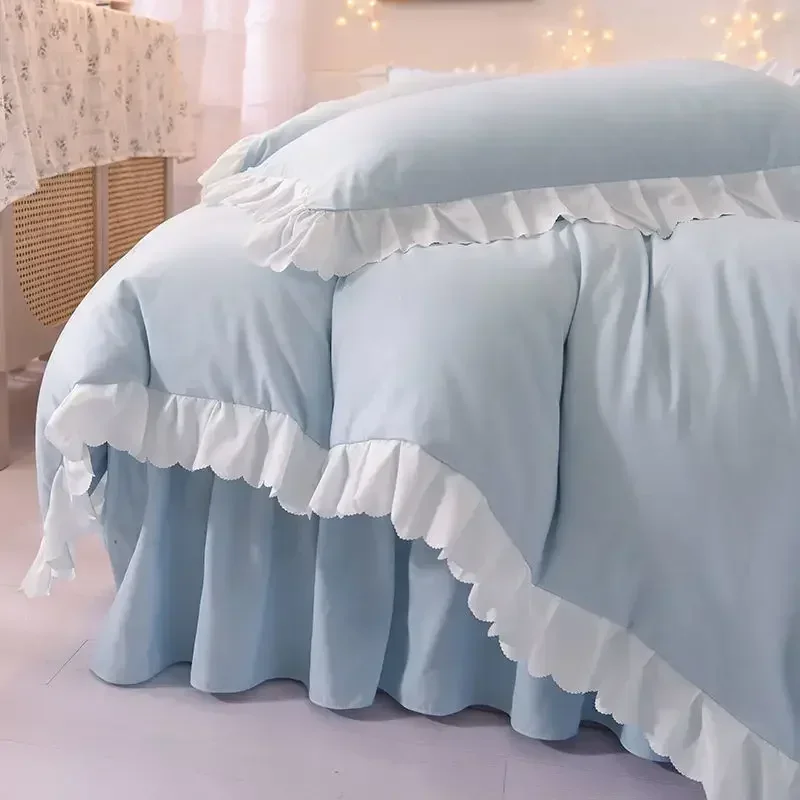 4-Piece Ruffled Bed Set with Bed Skirt and 2 Pillowcases, Large Double, Solid Quilt Cover White.Pink.Purple.Machine Washable