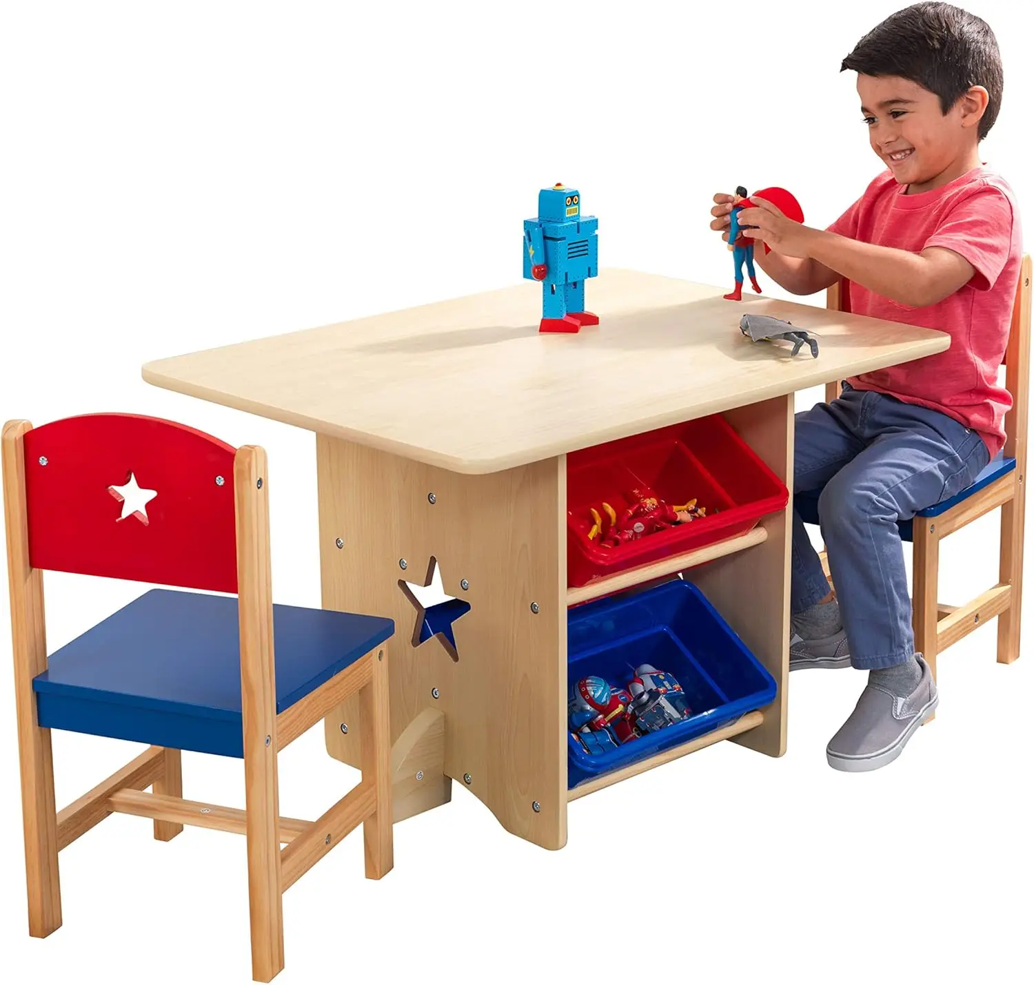 Conjunto de mesa e cadeira estrela de madeira com 4 caixas de armazenamento, móveis infantis – vermelho, azul e natural