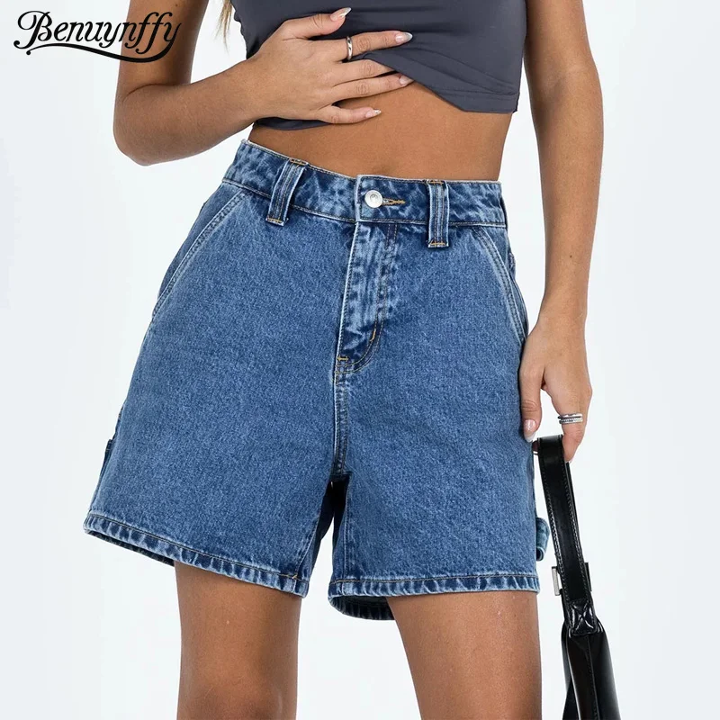 

Benuynffy New Streetwear High Waisted Denim Shorts Women's Summer 2025 American Retro Pockets Casual Washed Straight Leg Shorts