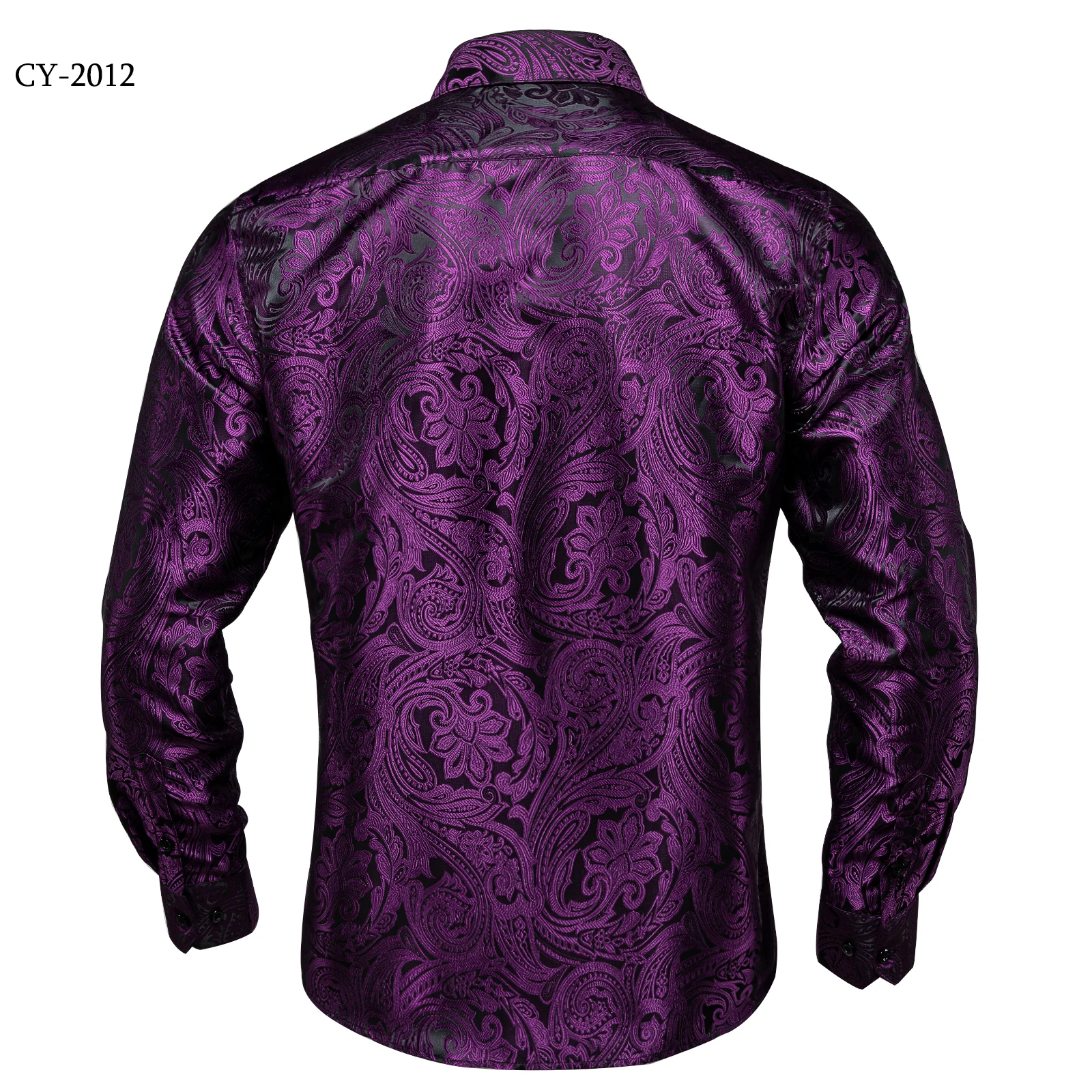 Luxury Purple Paisley Men\'s Long Sleeve Silk Polyester Dress Shirt Button Down Collar Social Prom Party Men Clothing Shirt