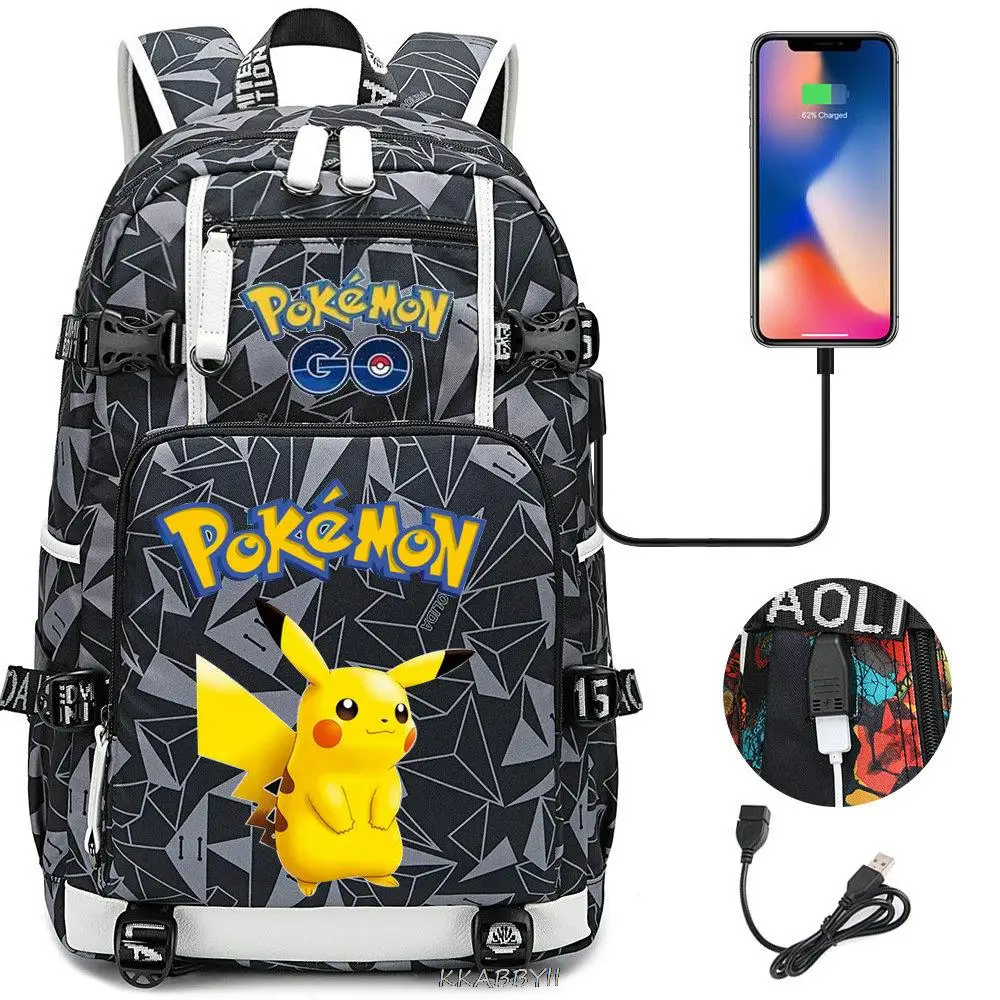 POKEMON Pikachu Backpack USB Charge Black Capacity School Bags For Teens Waterproof Big Travel Laptop Mochilas For Male Femal
