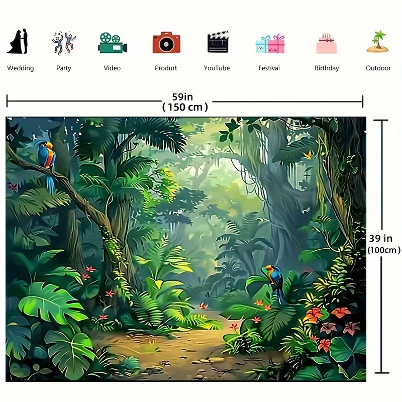 Enchanted Jungle Adventure Backdrop - Polyester Fabric, Spring Nature & Rainforest Theme, Green Dirt Road Design For Parties