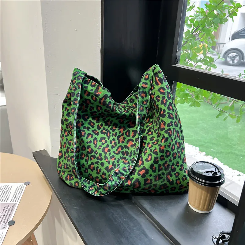 Women\'s Corduroy Shoulder Crossbody Bag Green Leopard Print Cloth Large Capacity Handbag Casual Travel Shopping Totes