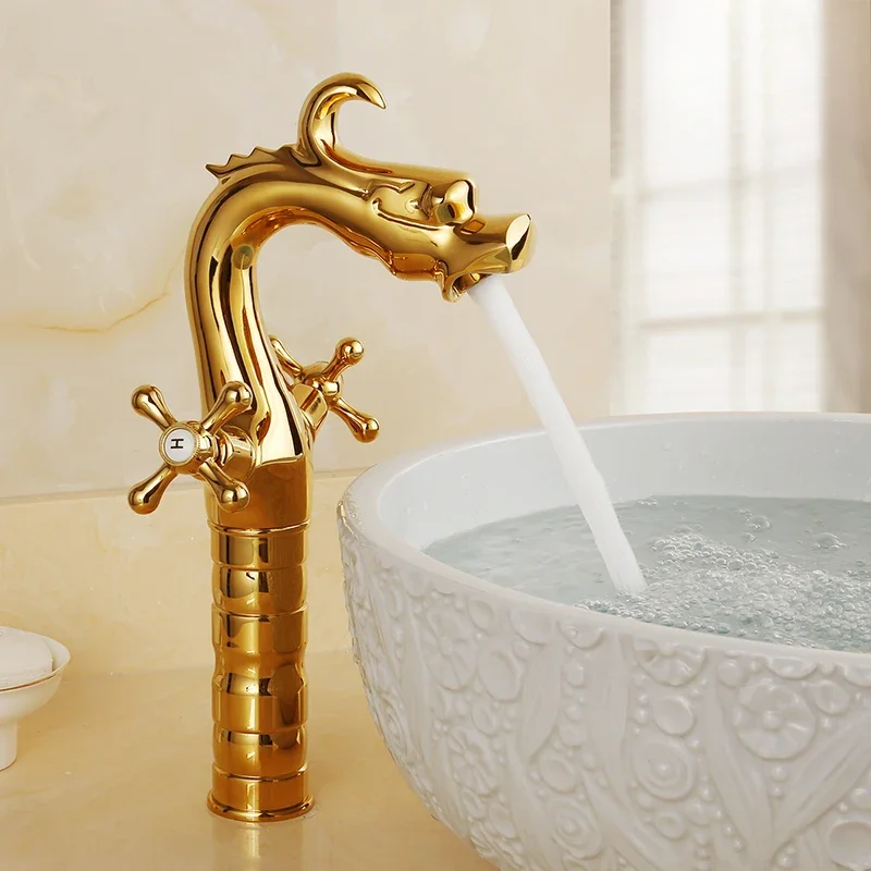 Copper Dual-Handle Faucet Splash-Proof Washbasin Tap European-Style Basin Mixer Dragon-Shaped Hot Cold Water Control