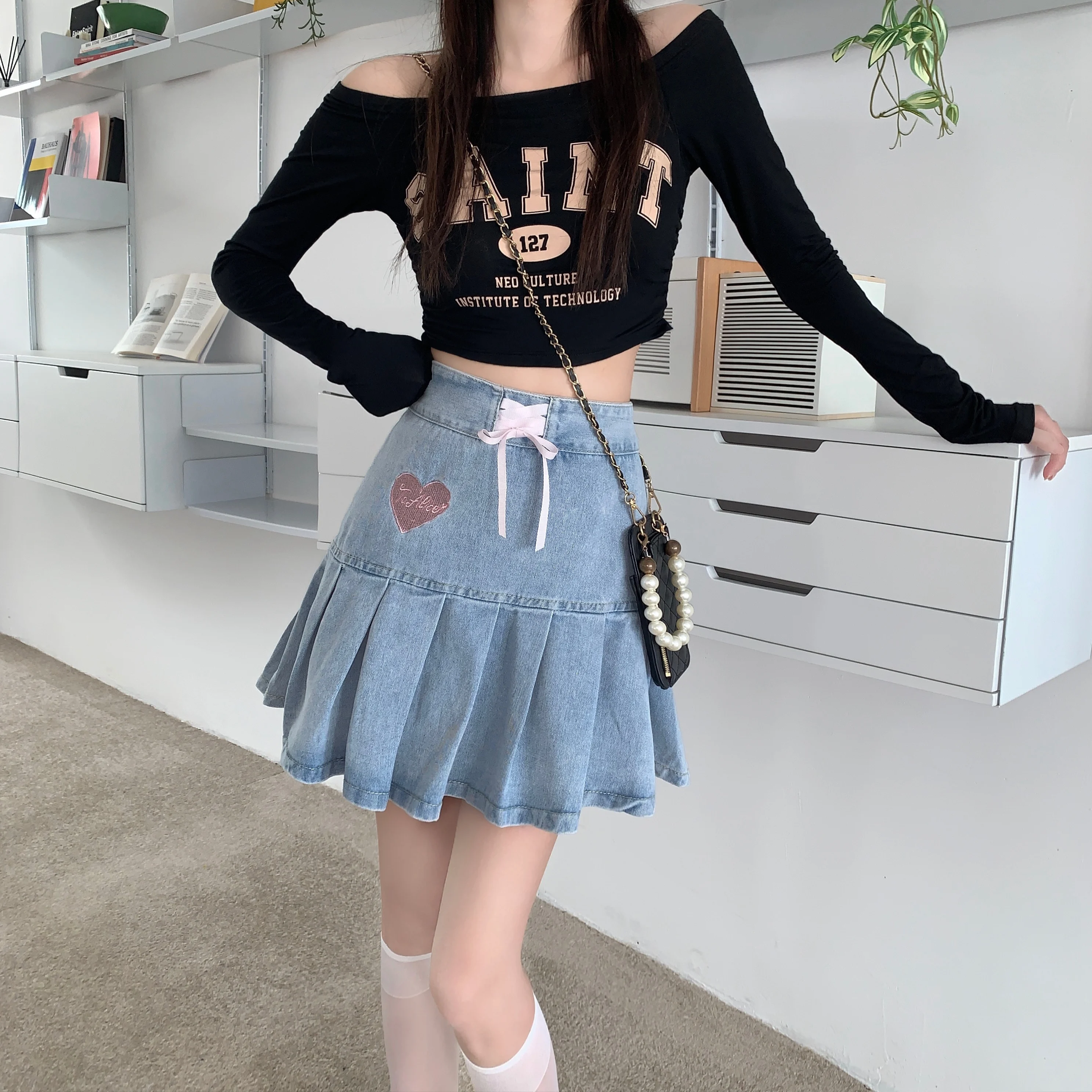 

2023 New Harajuku Denim Mini Skirt Women High Waist Bow Lace-up Pleated Skirt Preppy Style Japanese Girl Kawaii Skirts Y2k