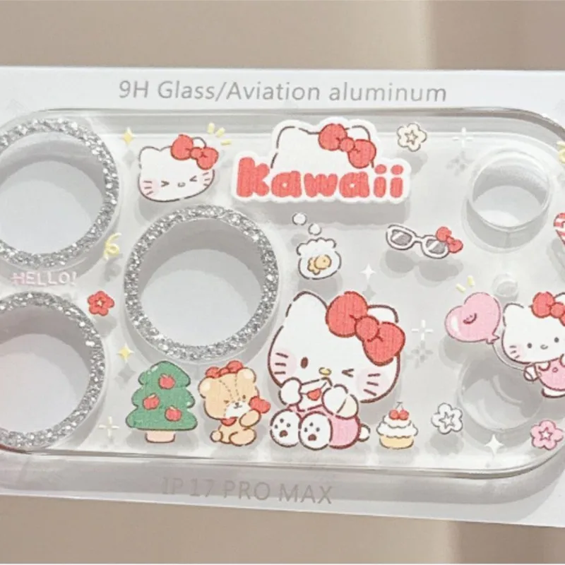 Protector de Lente de Cámara con Brillantina de Hello Kitty, Kawaii Sanrio, Película de Vidrio Templado 9H para iPhone 18 Pro Max, 18 Pro, 17 Pro Max