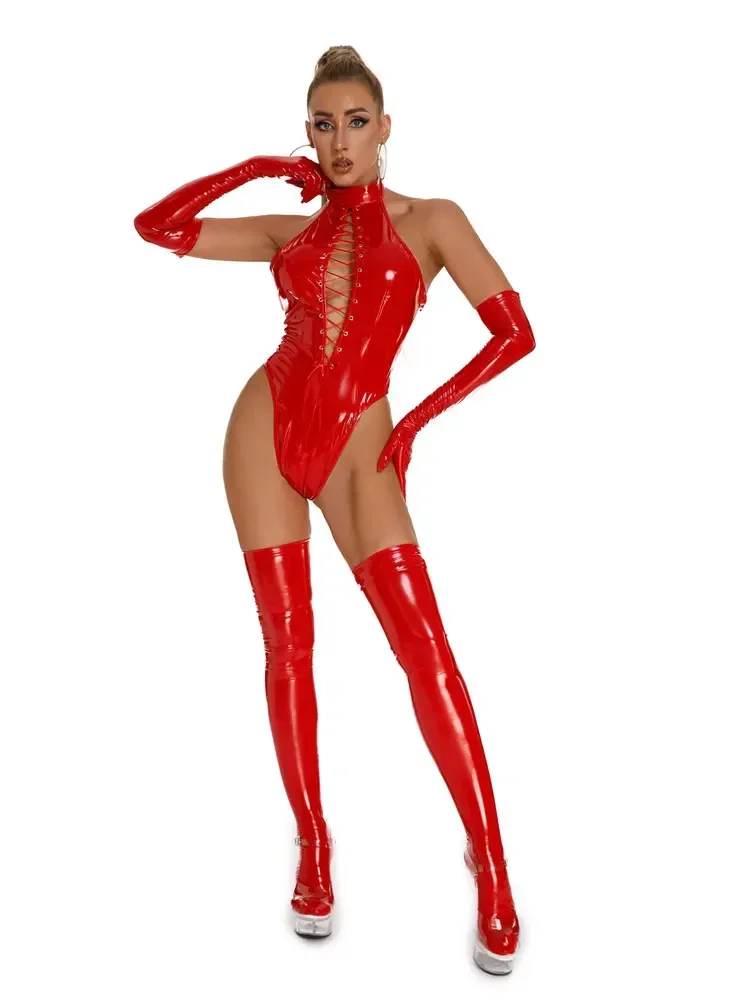 Sexy Women Shiny Bandage Hollow Out High Cut Bodysuit Open Crotch One Piece Thong Oil Gloosy Elastic Leotard Backless Tight