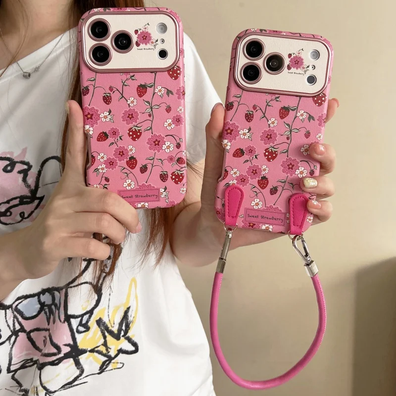 Lovely Flower Strawberry Leather Cute Phone Case For iPhone 17 Pro 16 15 14 13 Pro Max Cover with Hand Rope Shockproof Cases Fun