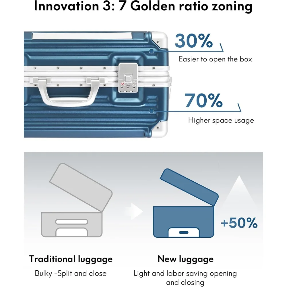 Walizka aluminiowa 20'' w kolorze niebieskim, bez zamka, z dzielonym otworem 3/7, o większej pojemności, 22x14x9, zatwierdzona przez linie lotnicze jako bagaż podręczny.
