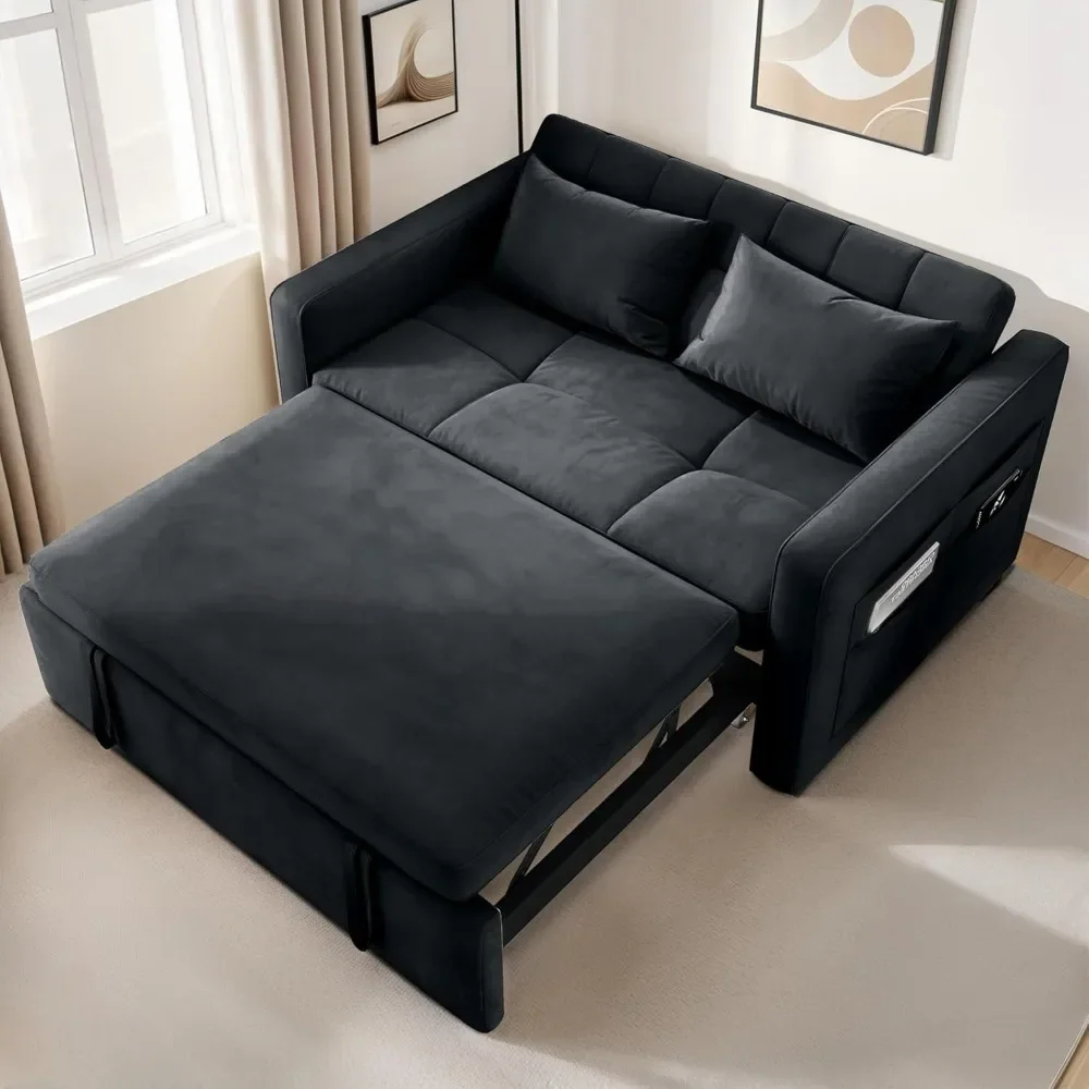 Convertible Sofa Bed, 3 in 1 Sleeper with Pull-Out, Velvet Futon Couch, Reclining Backrest and Side Pocket, Settee Sofa