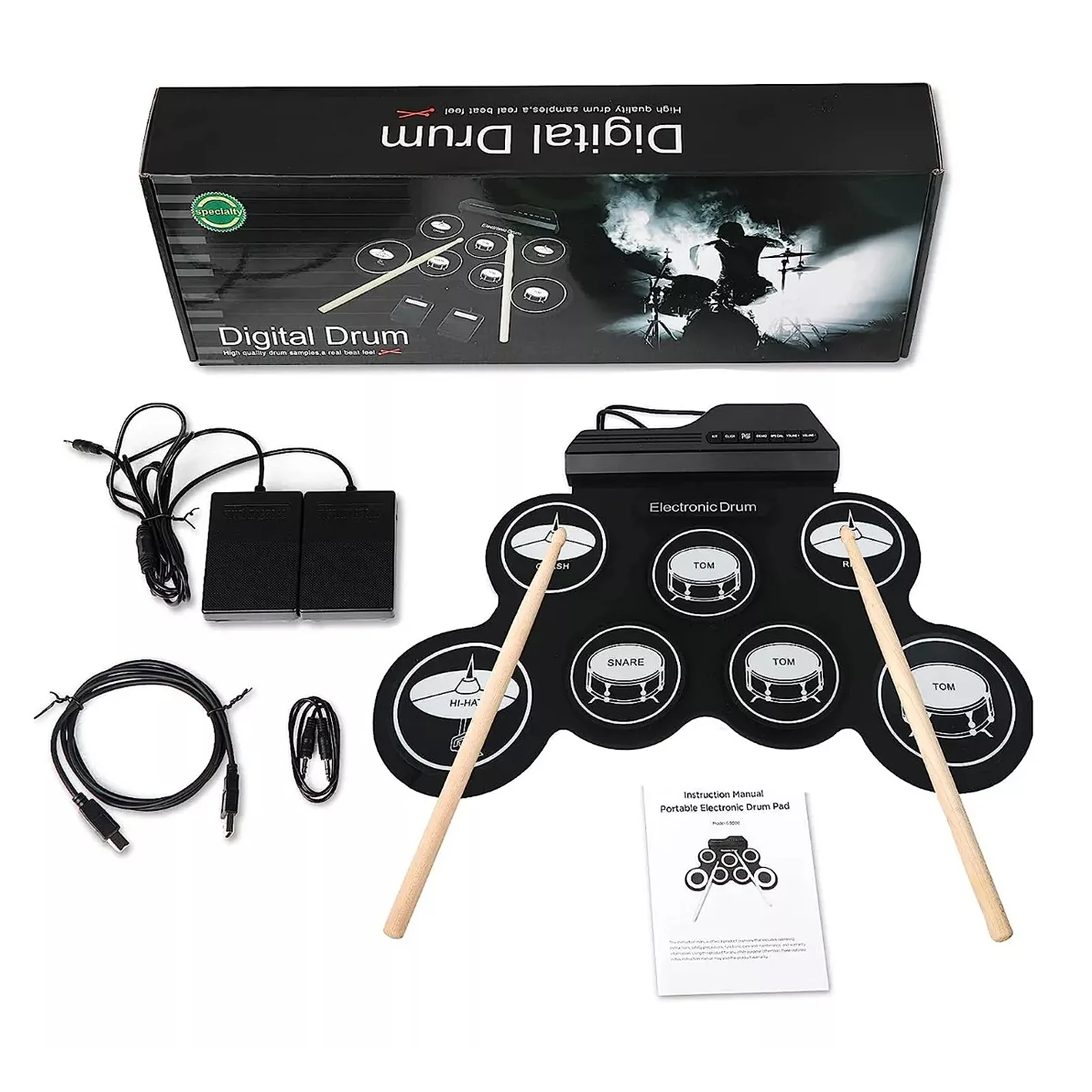 

Portable Electronic Kit Realistic Sound Lightweight Foldable Drum Set Adult Kids Practice Pad Metronome Headphone Jack Drum Pads