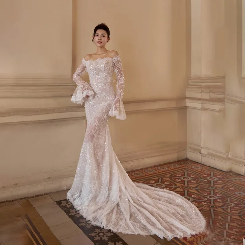 

Элегантное свадебное платье-русалка с блестящим кружевом, роскошное, с открытыми плечами, рукавами-колокол и шлейфом, Vestido De Novia
