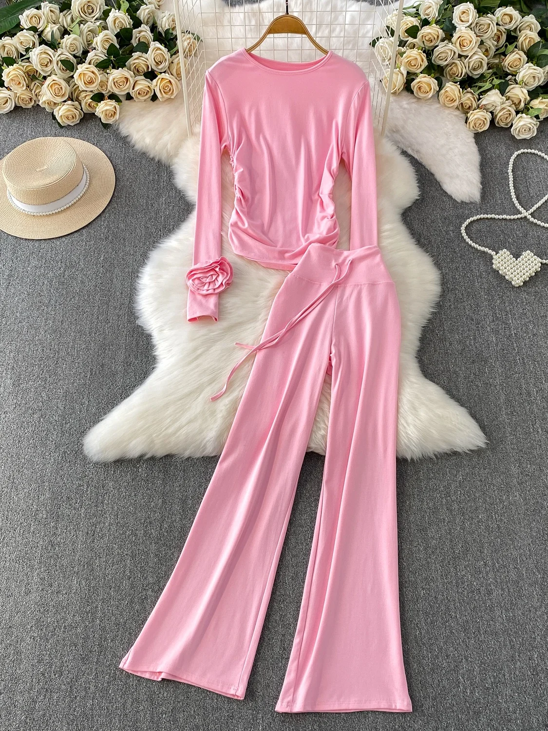 Korean Sle High Waist Wide Leg Pants Two-Piece Set Long Sve T-irt Top Pleated 3D Flower Design Simple Pure Color