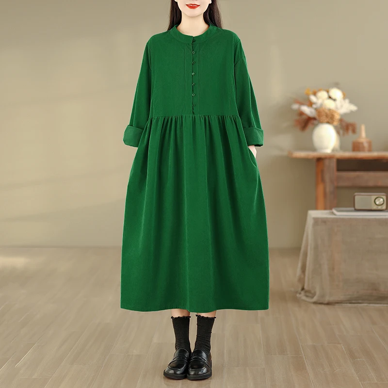 Lente Katoen Fluweel Lang Dr Herfst Winter Warm f Knop rond Ne Long Sve Kleur Midi Dr Pendelen Sle