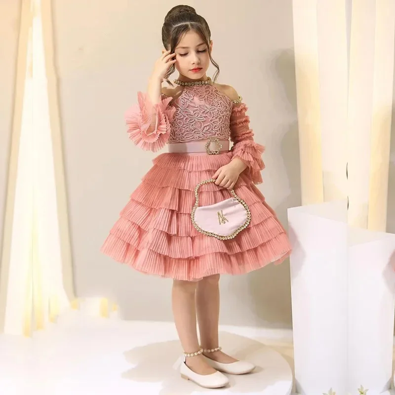 Flower Girl Dress Lace Ruffled Tiered Skirt Cold Shoulder Ball Gown Wedding Gown First Christmas Party Dress For Girlsفساتي