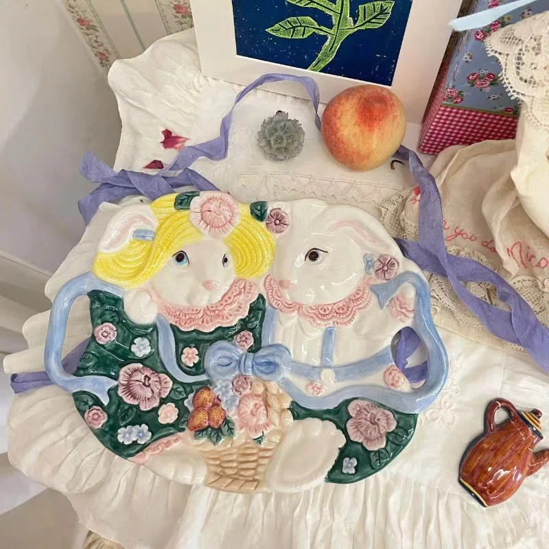 Cute 3D Rabbit Pattern Ceramic Tray,Afternoon tea Dim sum decoration plate,lovely tableware,for Home Girlish Desktop Decor gifts