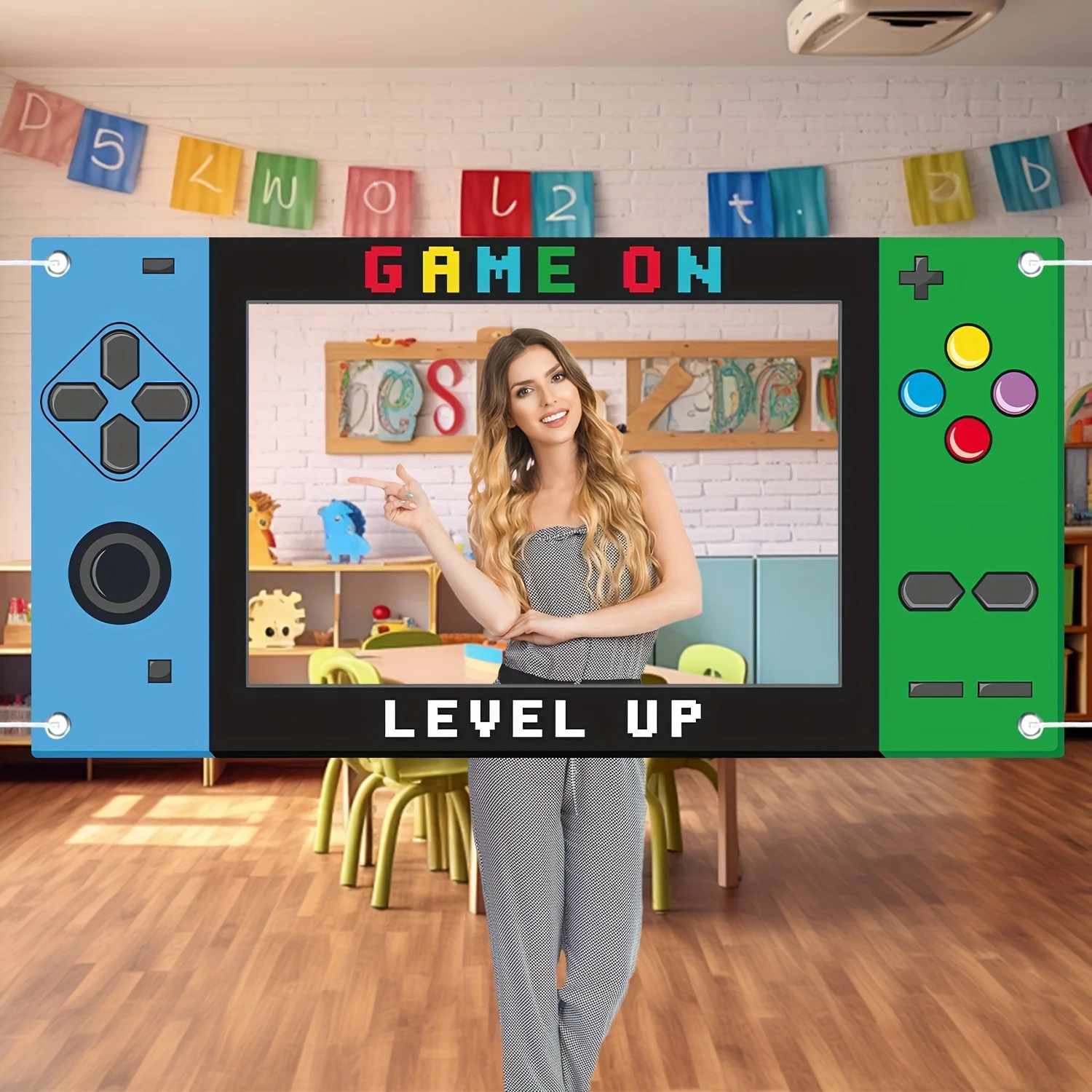 Game On Level Up Fotobox-Rahmen, Gamepad-Themen-Hintergrund für Videospiel-Geburtstagsparty Foto-Requisiten-Dekoration