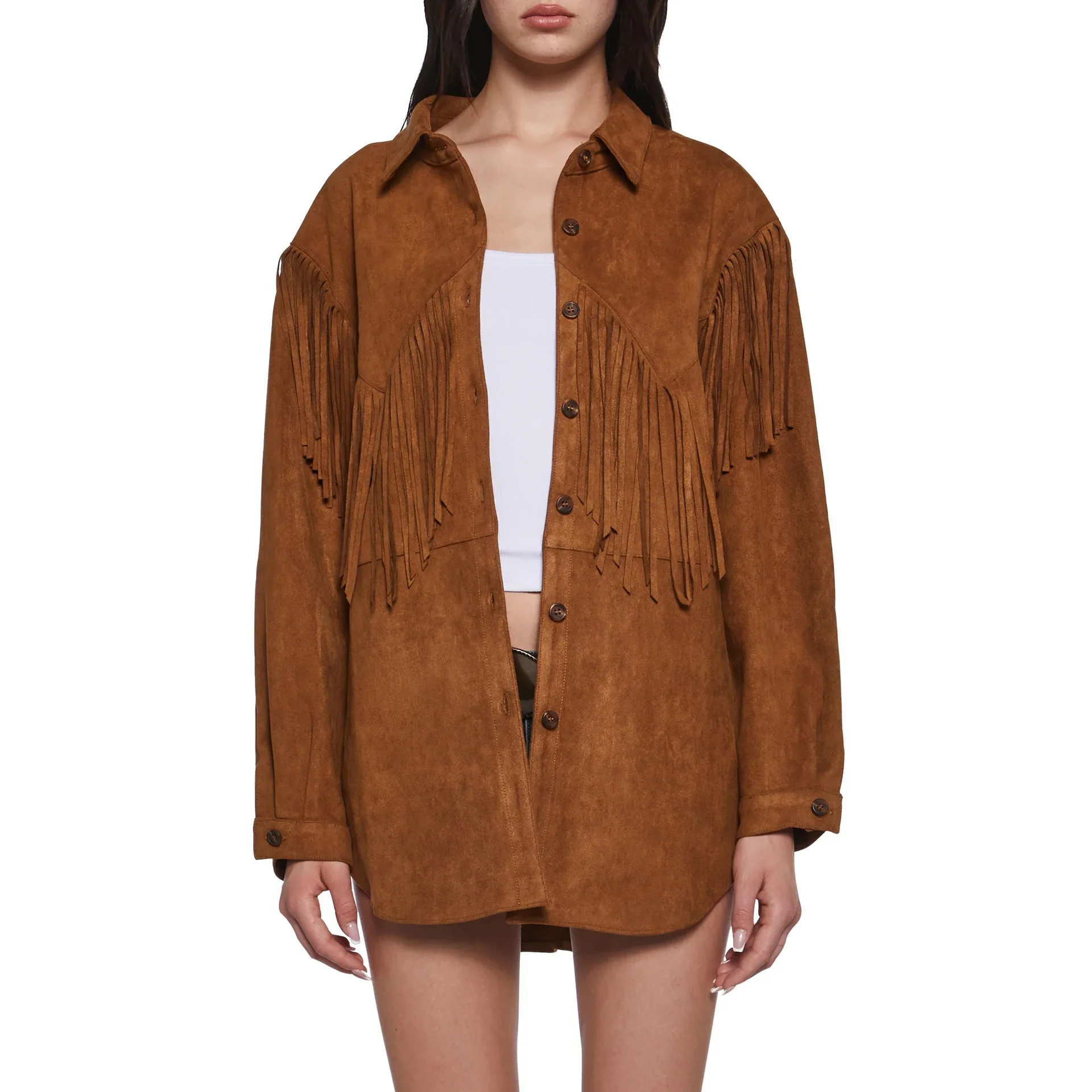 

Retro style fringed deerskin jacket women's lapel breasted design top for women