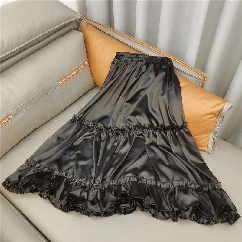 Black Pink Half Skirt Korean Style Female Long Skirts Japanese Solid Color Double Layer Vintage French Ruffled A-line Skirt