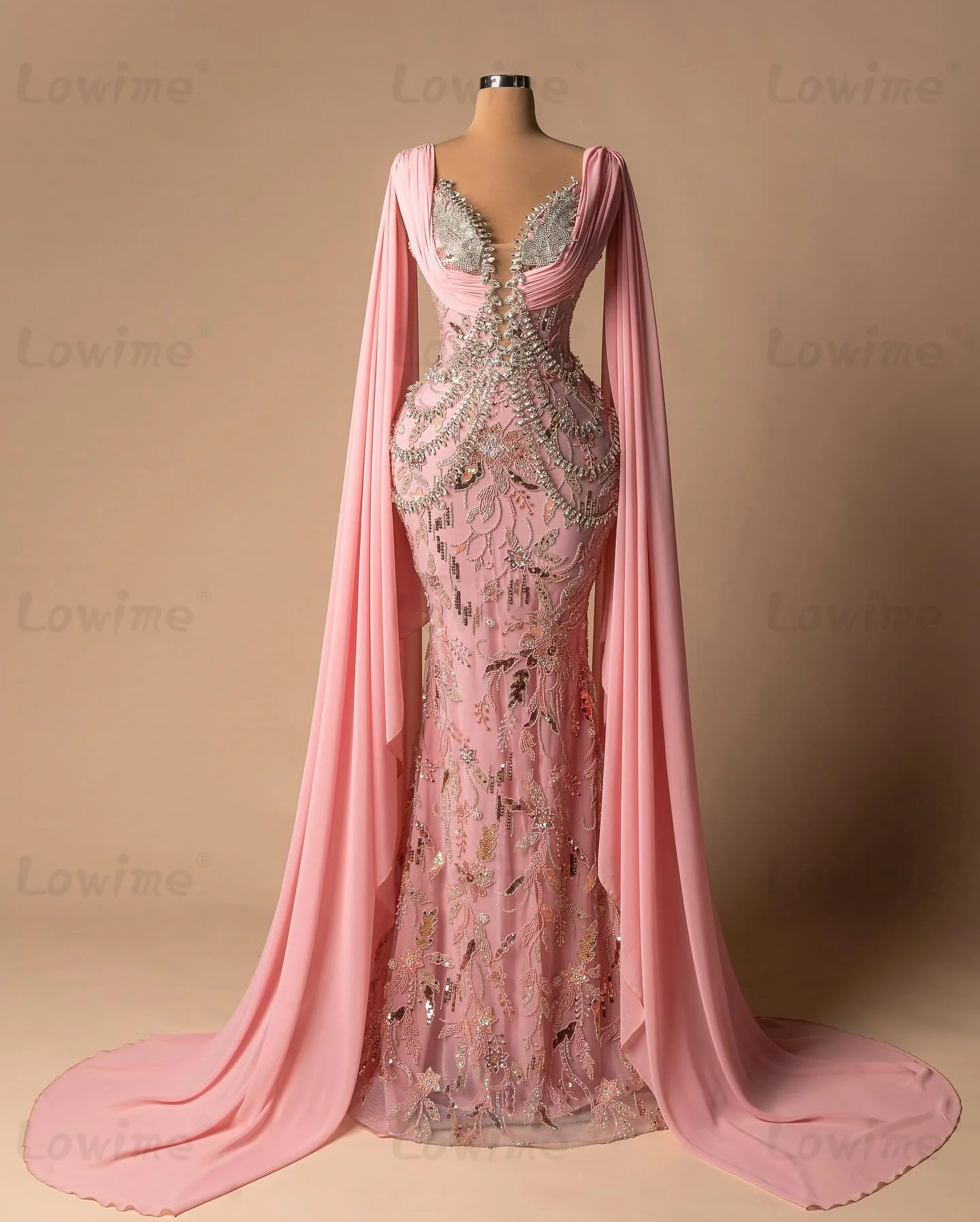 

Arabic Dubai Cape Sleeve Pink Evening Dresses Customized Sparkly Crystals Mermaid Party Gowns 2026 Women Prom Dress Long Robes
