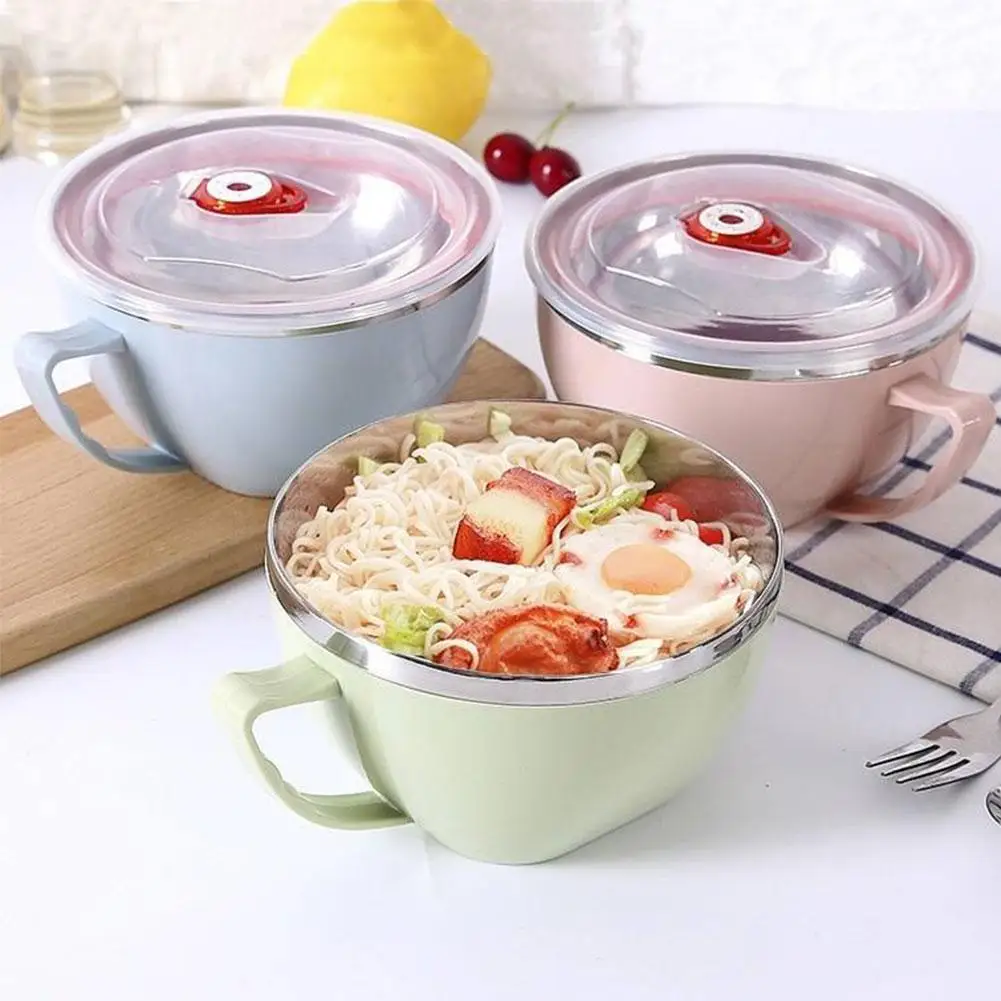 Large Capacity Stainless Steel Double-layer Ramen Noodles Bowl Anti-scalding Instant Noodle Bowl With Lid And Spoon Tableware