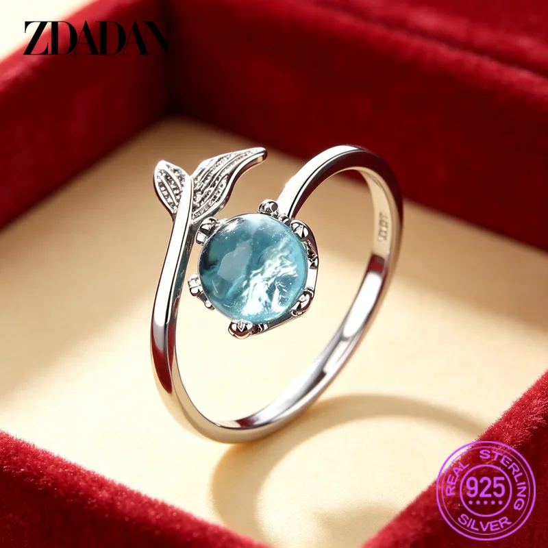 ZDADAN 925 Sterling Silver Fish Tail Crystal Open Ring For Women Girls Fashion Jewelry Gifts