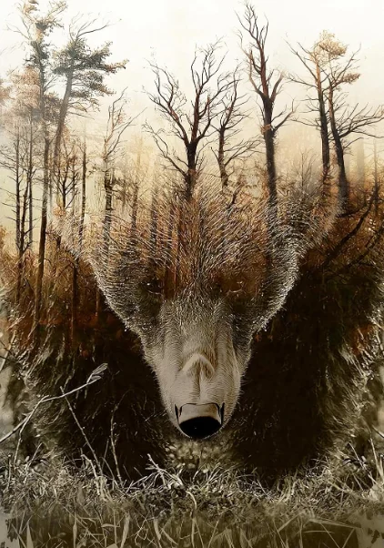 Jigsaw Puzzle 500/1000/1200/2000PCS Double Exposure Wild Boar Forest Art Sepia Woodland Scene DIY Assembly Home Wall Decor