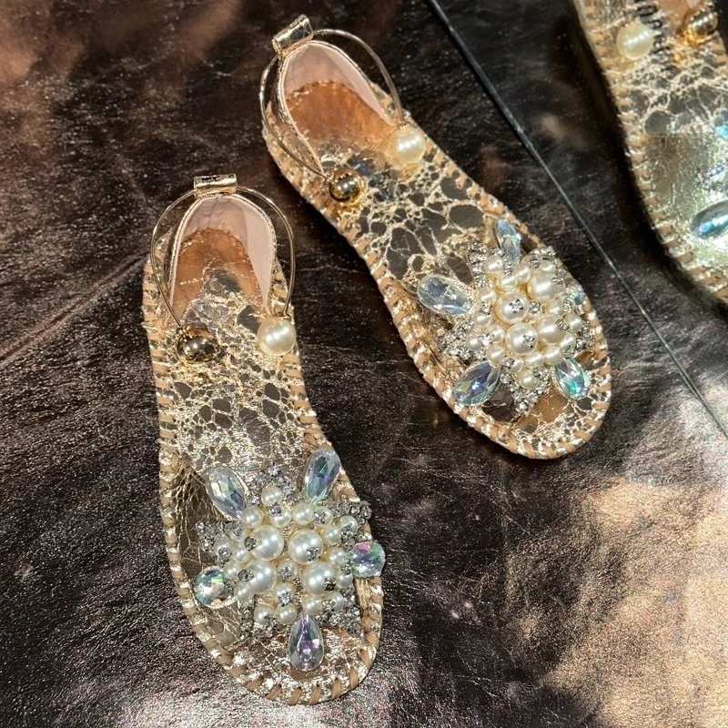 Pearl Crystal Flower Sandals Summer New Round Toe Open Toe Soft Sole Non-slip Wear-resistant Flats image 4