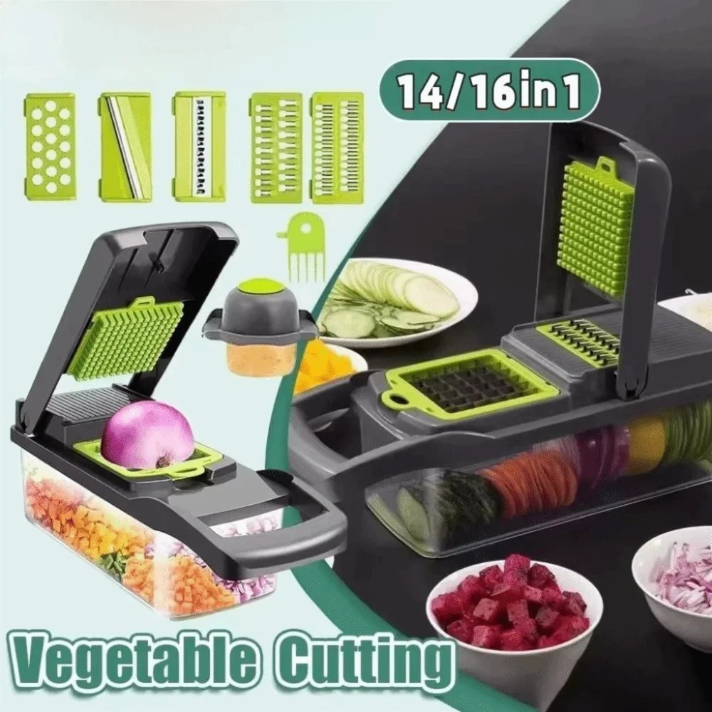 

Portable Multifunctional 14/16 In 1 Vegetable Chopper with Handle Reusable Vegetable Slicer with Basket Dicer Cut Veggie Cutting