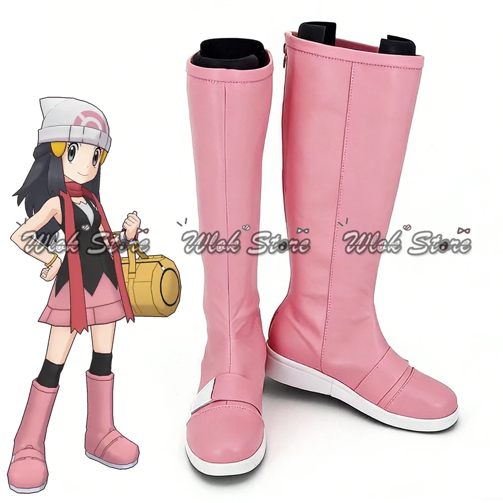 

Anime Dawn Hikari Cosplay Shoes Knee-high Leather Boots Pink For Women Halloween Party Carnival Role Play Custom Made Shoes