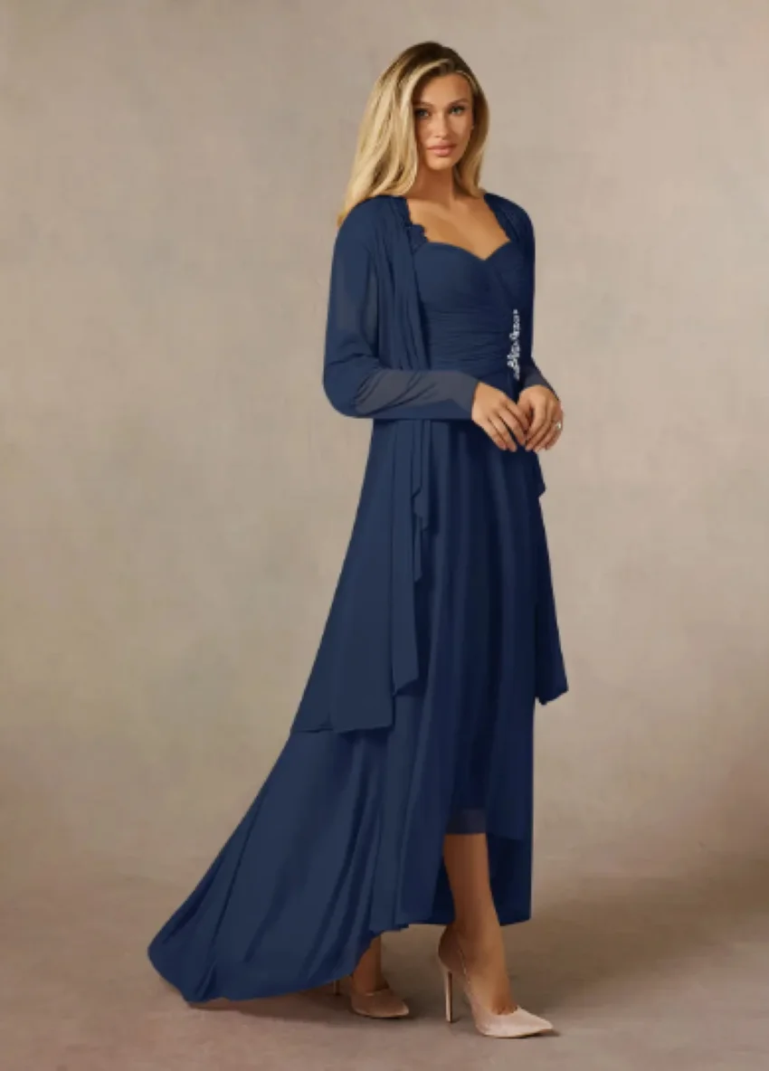 Othray Navy Blue Chiffon With Jacket Beading For Wedding Partys Guest Gowns Elegant Two Pieces Mother Of The Bride Dress